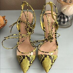 Aldo Yellow and Black Snake Print Heels